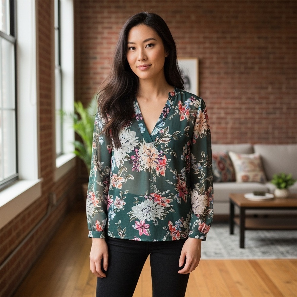 A‎ New Day Green Floral V-Neck Blouse Size S
